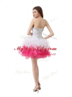 Sleeveless Knee Length Beading and Ruffles Lace Up Prom Gown with Pink And White