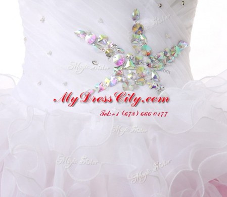 Sleeveless Knee Length Beading and Ruffles Lace Up Prom Gown with Pink And White