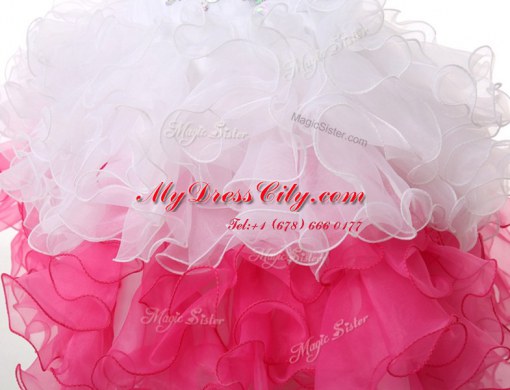 Sleeveless Knee Length Beading and Ruffles Lace Up Prom Gown with Pink And White