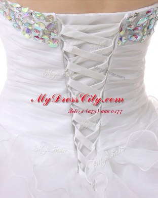 Sleeveless Knee Length Beading and Ruffles Lace Up Prom Gown with Pink And White