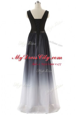 Decent V-neck Sleeveless Prom Dress Floor Length Ruching and Belt Black Chiffon