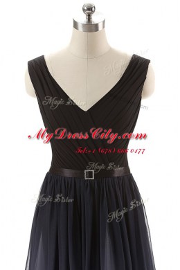 Decent V-neck Sleeveless Prom Dress Floor Length Ruching and Belt Black Chiffon
