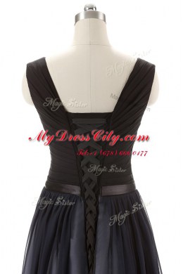 Decent V-neck Sleeveless Prom Dress Floor Length Ruching and Belt Black Chiffon