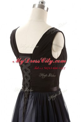 Decent V-neck Sleeveless Prom Dress Floor Length Ruching and Belt Black Chiffon