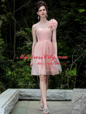 One Shoulder Knee Length Peach Prom Dresses Tulle Sleeveless Beading and Hand Made Flower