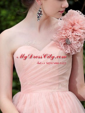 One Shoulder Knee Length Peach Prom Dresses Tulle Sleeveless Beading and Hand Made Flower