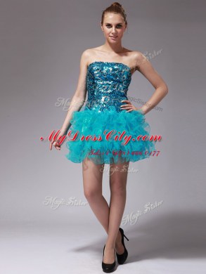 Aqua Blue Organza Zipper Strapless Sleeveless Mini Length Evening Dress Beading and Ruffles