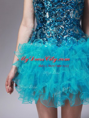 Aqua Blue Organza Zipper Strapless Sleeveless Mini Length Evening Dress Beading and Ruffles