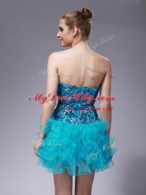 Aqua Blue Organza Zipper Strapless Sleeveless Mini Length Evening Dress Beading and Ruffles