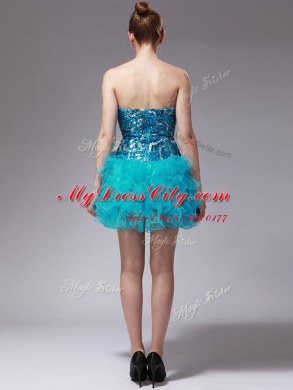 Aqua Blue Organza Zipper Strapless Sleeveless Mini Length Evening Dress Beading and Ruffles