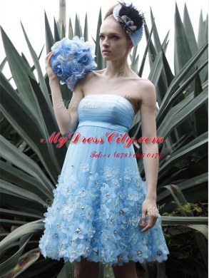 Wonderful Sleeveless Organza Knee Length Backless Homecoming Dress in Baby Blue with Beading and Ruching