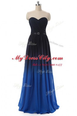 Modern Sleeveless Floor Length Ruching and Belt Lace Up Prom Dress with Blue And Black