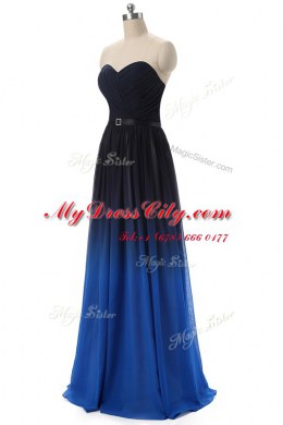 Modern Sleeveless Floor Length Ruching and Belt Lace Up Prom Dress with Blue And Black