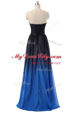 Modern Sleeveless Floor Length Ruching and Belt Lace Up Prom Dress with Blue And Black