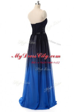 Modern Sleeveless Floor Length Ruching and Belt Lace Up Prom Dress with Blue And Black