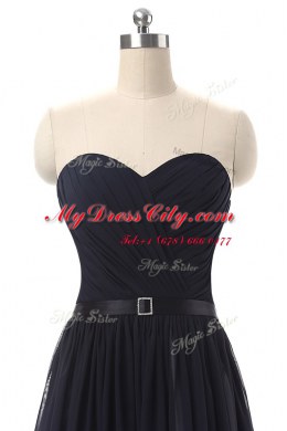 Modern Sleeveless Floor Length Ruching and Belt Lace Up Prom Dress with Blue And Black