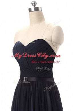 Modern Sleeveless Floor Length Ruching and Belt Lace Up Prom Dress with Blue And Black