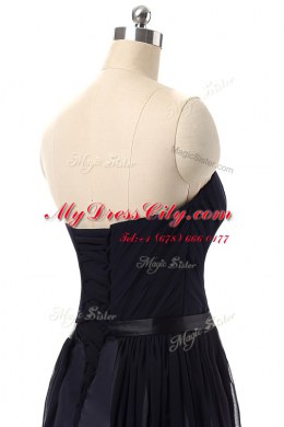 Modern Sleeveless Floor Length Ruching and Belt Lace Up Prom Dress with Blue And Black