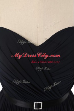Modern Sleeveless Floor Length Ruching and Belt Lace Up Prom Dress with Blue And Black
