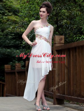 Ankle Length White Prom Dress One Shoulder Sleeveless Side Zipper