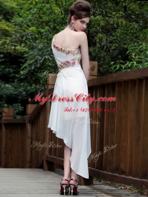 Ankle Length White Prom Dress One Shoulder Sleeveless Side Zipper