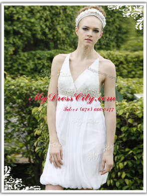 White Column/Sheath V-neck Sleeveless Chiffon Knee Length Criss Cross Ruching Evening Dress