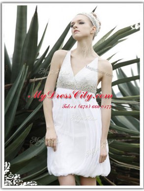 White Column/Sheath V-neck Sleeveless Chiffon Knee Length Criss Cross Ruching Evening Dress