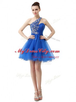 Charming One Shoulder Royal Blue Sleeveless Beading Knee Length Prom Dresses