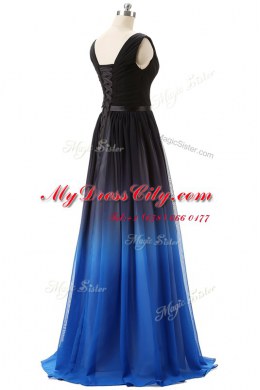 V-neck Sleeveless Dress for Prom Brush Train Beading Blue And Black Chiffon