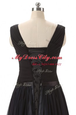 V-neck Sleeveless Dress for Prom Brush Train Beading Blue And Black Chiffon