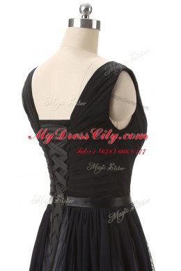 V-neck Sleeveless Dress for Prom Brush Train Beading Blue And Black Chiffon