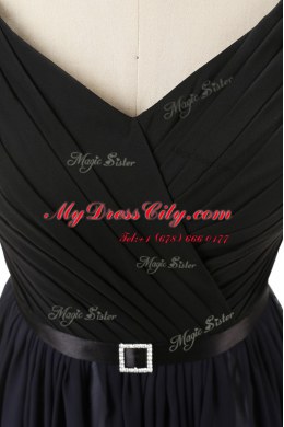 V-neck Sleeveless Dress for Prom Brush Train Beading Blue And Black Chiffon