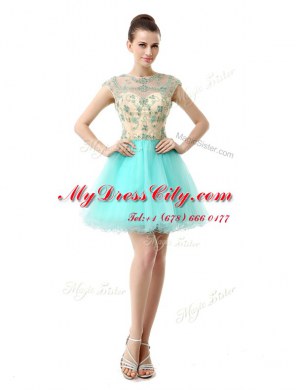 Romantic Scoop Knee Length A-line Sleeveless Aqua Blue Prom Evening Gown Zipper