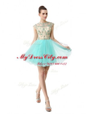 Romantic Scoop Knee Length A-line Sleeveless Aqua Blue Prom Evening Gown Zipper