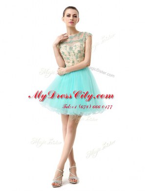 Romantic Scoop Knee Length A-line Sleeveless Aqua Blue Prom Evening Gown Zipper