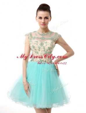 Romantic Scoop Knee Length A-line Sleeveless Aqua Blue Prom Evening Gown Zipper