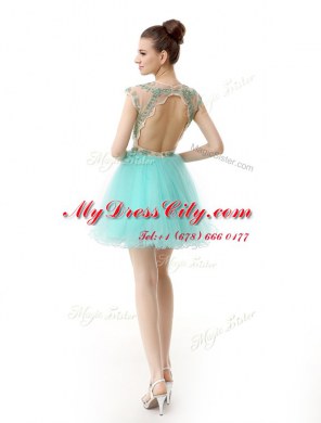 Romantic Scoop Knee Length A-line Sleeveless Aqua Blue Prom Evening Gown Zipper