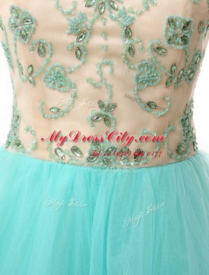 Romantic Scoop Knee Length A-line Sleeveless Aqua Blue Prom Evening Gown Zipper