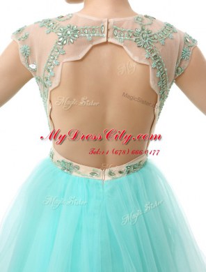 Romantic Scoop Knee Length A-line Sleeveless Aqua Blue Prom Evening Gown Zipper