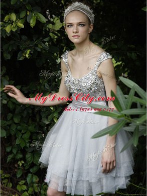Pretty Sleeveless Organza Knee Length Backless Evening Dress in White with Beading and Ruffles