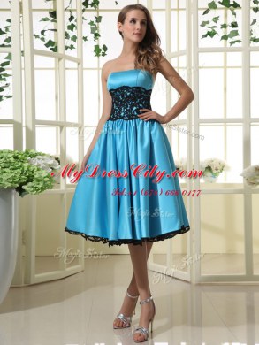 Perfect Strapless Sleeveless Zipper Prom Dresses Baby Blue Satin