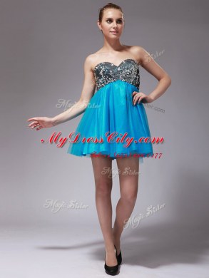 Beautiful Aqua Blue Sleeveless Mini Length Beading Zipper Dress for Prom
