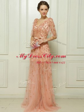 Peach Prom Evening Gown Prom and Party and For with Beading and Appliques V-neck Cap Sleeves Brush Train Zipper