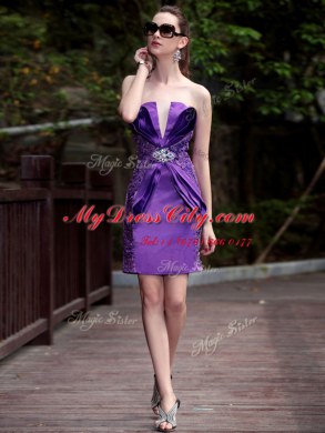 Sleeveless Satin Knee Length Zipper Homecoming Dress in Purple with Beading and Appliques