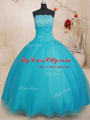 New Arrival Scalloped Beading 15 Quinceanera Dress Aqua Blue Lace Up Sleeveless Floor Length
