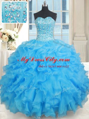 Baby Blue Organza Lace Up Sweet 16 Dresses Sleeveless Floor Length Beading