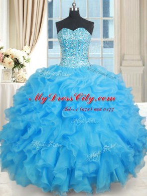Baby Blue Organza Lace Up Sweet 16 Dresses Sleeveless Floor Length Beading