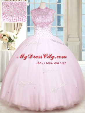 Beading Sweet 16 Dress Baby Pink Lace Up Sleeveless Floor Length
