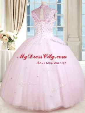 Beading Sweet 16 Dress Baby Pink Lace Up Sleeveless Floor Length