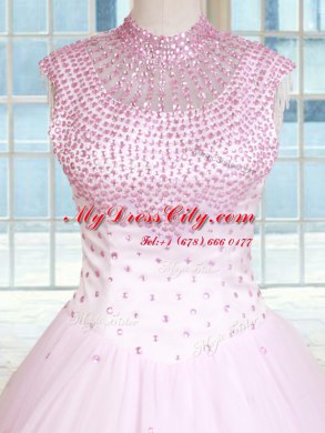 Beading Sweet 16 Dress Baby Pink Lace Up Sleeveless Floor Length